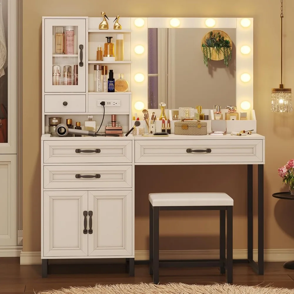 Makeup Vanity Desk with Mirror and Lights & Charging Station & Makeup Stool, Vanity Table Set with Glass Top Storage Drawer & Be
Makeup Vanity Desk with Mirror and Lights & Charging Station & Makeup Stool, Vanity Table Set with Glass Top Storage Drawer & Be