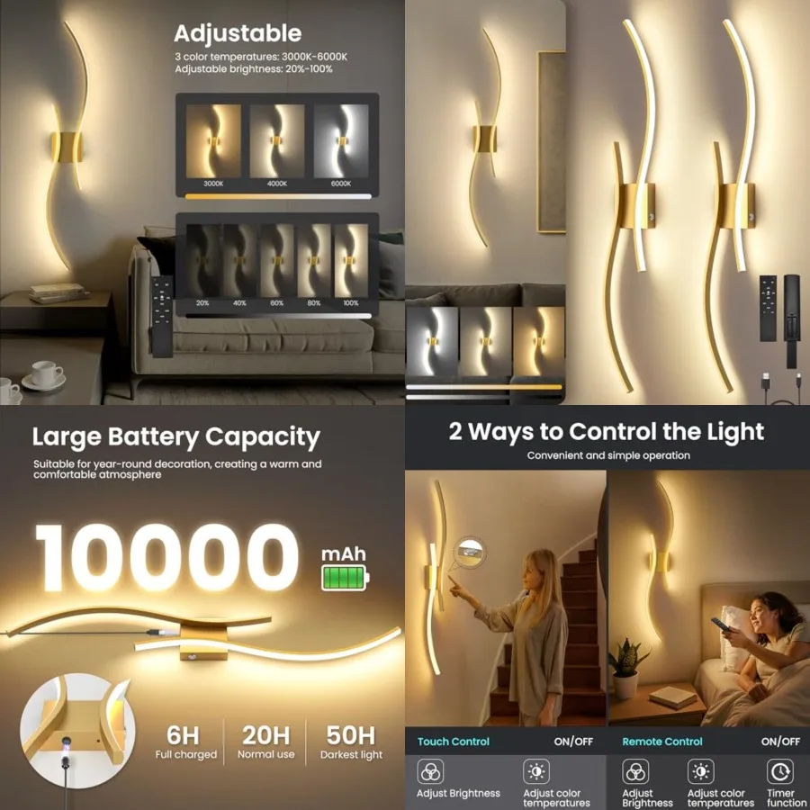 Battery Operated Wall Sconces Set of Two, 10000mAh Rechargeable Modern Wall Lights with Remote Control, Dimmable LED Cordless L
Battery Operated Wall Sconces Set of Two, 10000mAh Rechargeable Modern Wall Lights with Remote Control, Dimmable LED Cordless L