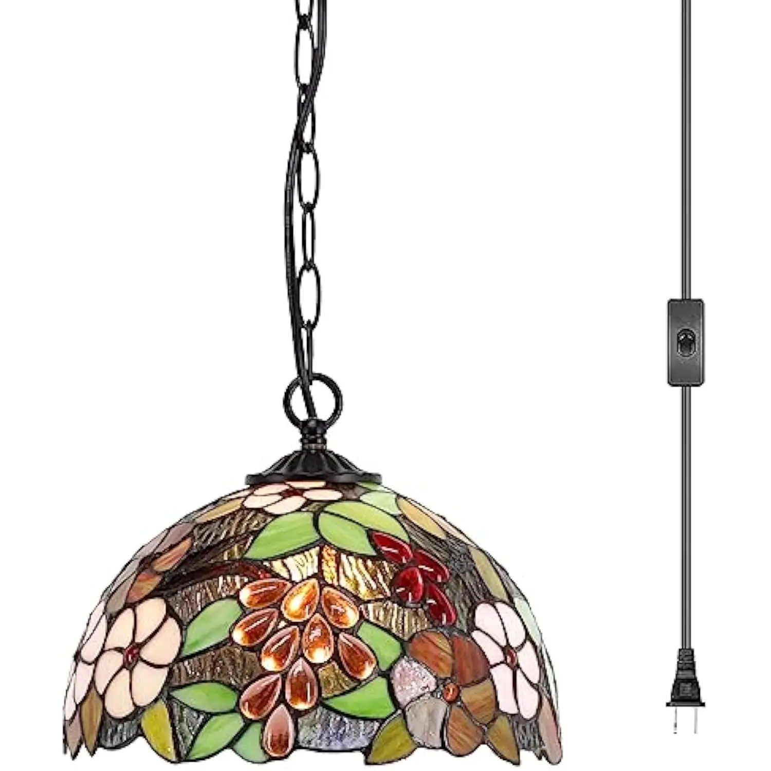 Tiffany Pendant Light Plug in 12 Inch Green Purple Grape Stained Glass Hanging Lamp with Chain 33 Inch, Cord 15 Feet
Tiffany Pendant Light Plug in 12 Inch Green Purple Grape Stained Glass Hanging Lamp with Chain 33 Inch, Cord 15 Feet