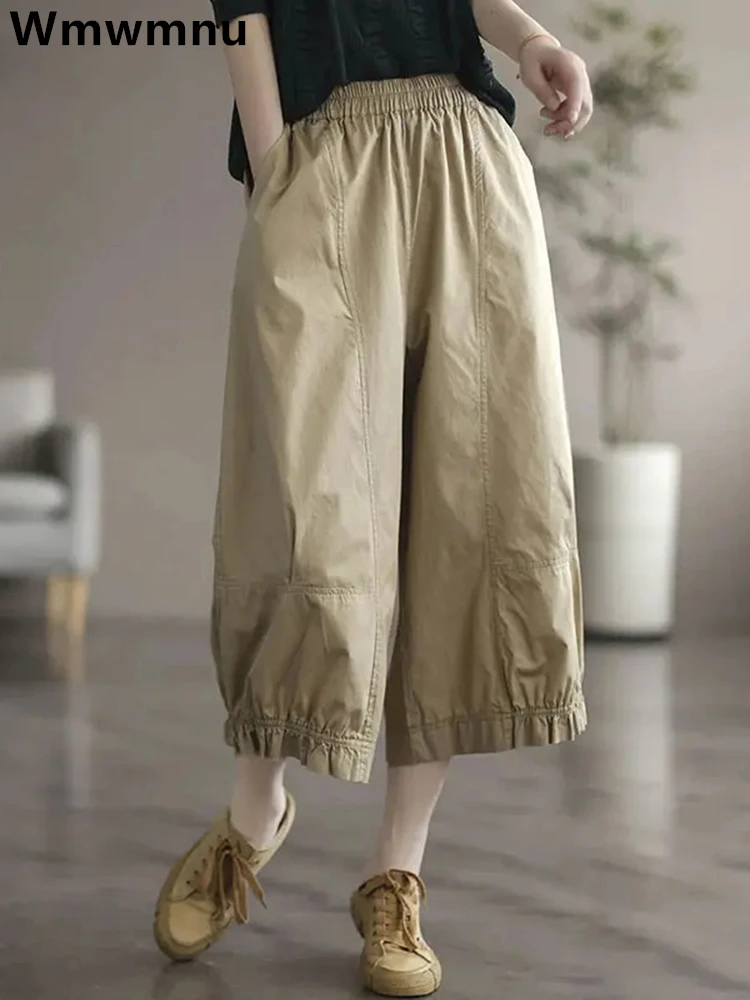 Summer Capris Wide Leg Pants Women 74-77cm Casual Baggy Straight Pantalones Big Size For 80kg Elastic High Waist Cotton Trousers
Summer Capris Wide Leg Pants Women 74-77cm Casual Baggy Straight Pantalones Big Size For 80kg Elastic High Waist Cotton Trousers