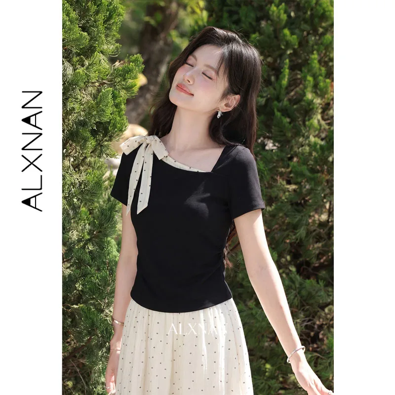 ALXNAN Black T-shirt Women Asymmetrical Square Neck Short Sleeve T-shirt with Polka Dot Bow Tie Design Elegant Style DYL662816
ALXNAN Black T-shirt Women Asymmetrical Square Neck Short Sleeve T-shirt with Polka Dot Bow Tie Design Elegant Style DYL662816