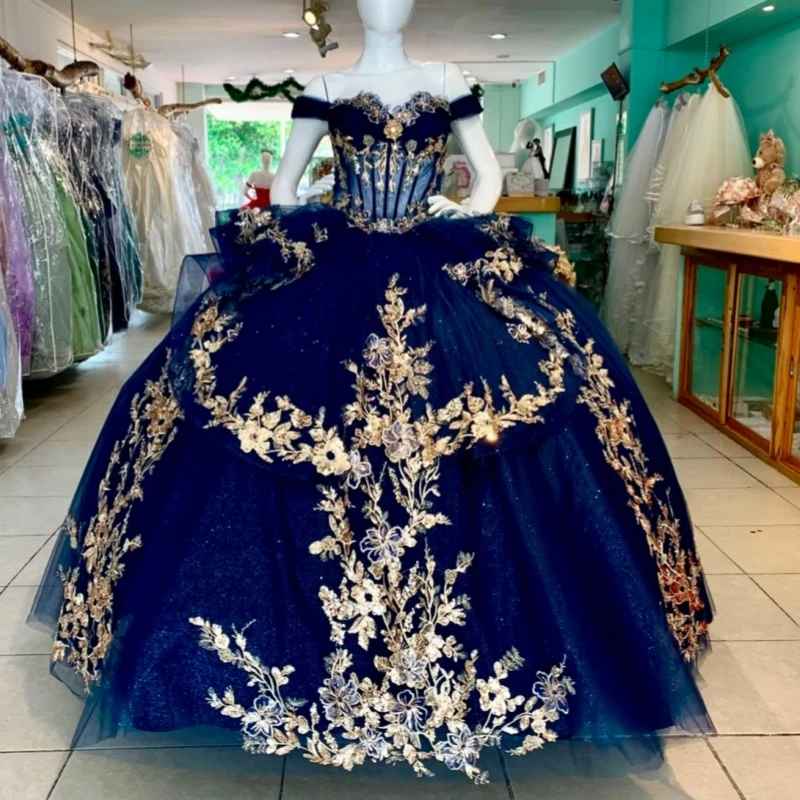 Navy Blue Shiny Ball Gown Quinceanera Dresses Gold Applique Lace Beading Crystal Tiered Tull Corset Off The Shoulder Sweet 16
Navy Blue Shiny Ball Gown Quinceanera Dresses Gold Applique Lace Beading Crystal Tiered Tull Corset Off The Shoulder Sweet 16