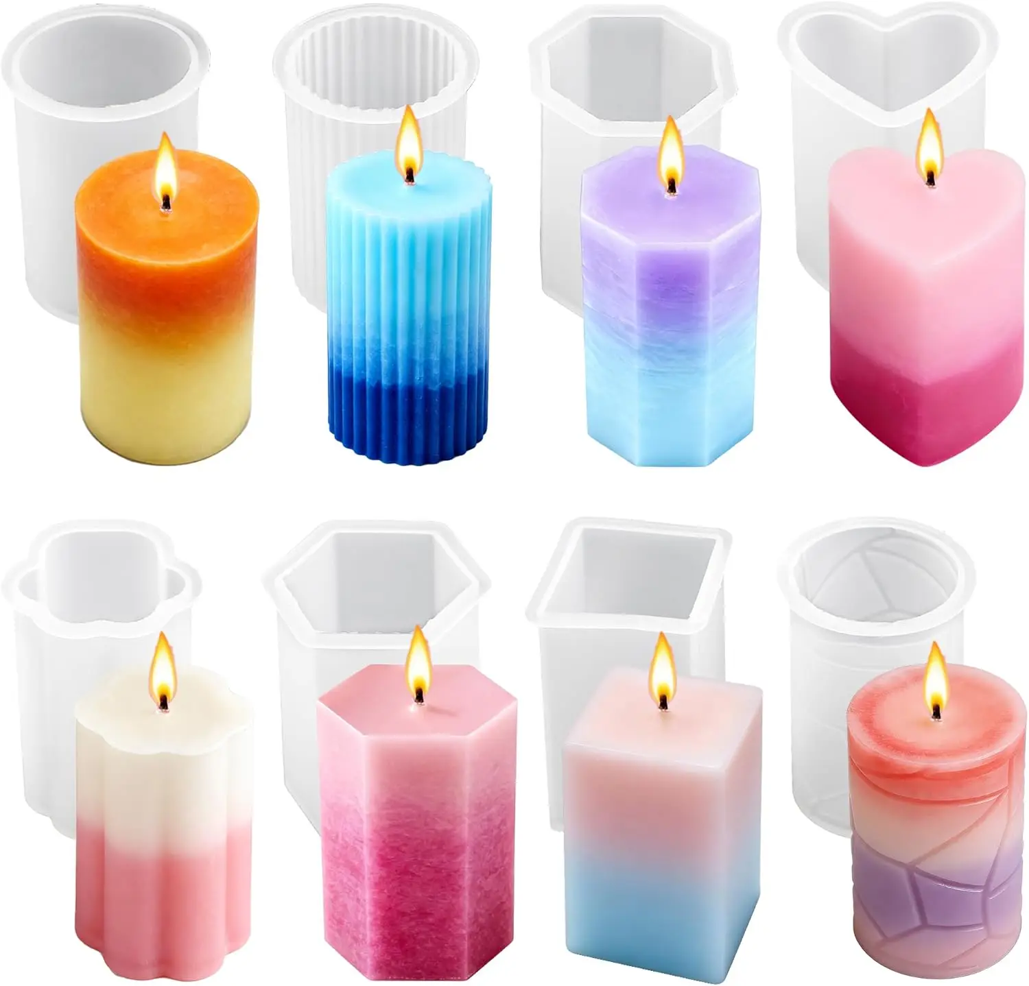 8PCS Reusable Silicone Candle Molds Set - Cylinder, Hexagon, Octagonal, Heart, Flower, Square for DIY Candle Making, Soap, Resin Crafts, Easy Release
8PCS Reusable Silicone Candle Molds Set - Cylinder, Hexagon, Octagonal, Heart, Flower, Square for DIY Candle Making, Soap, Resin Crafts, Easy Release