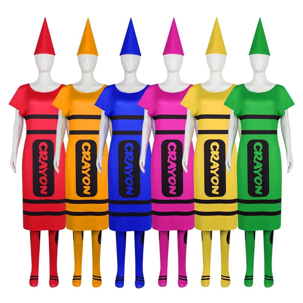 Halloween Women Crayon Cosplay Outfit Full Set Short Sleeve Dress Cone Hat Stockings Funny Group Party Uniform Fancy Costume
Halloween Women Crayon Cosplay Outfit Full Set Short Sleeve Dress Cone Hat Stockings Funny Group Party Uniform Fancy Costume