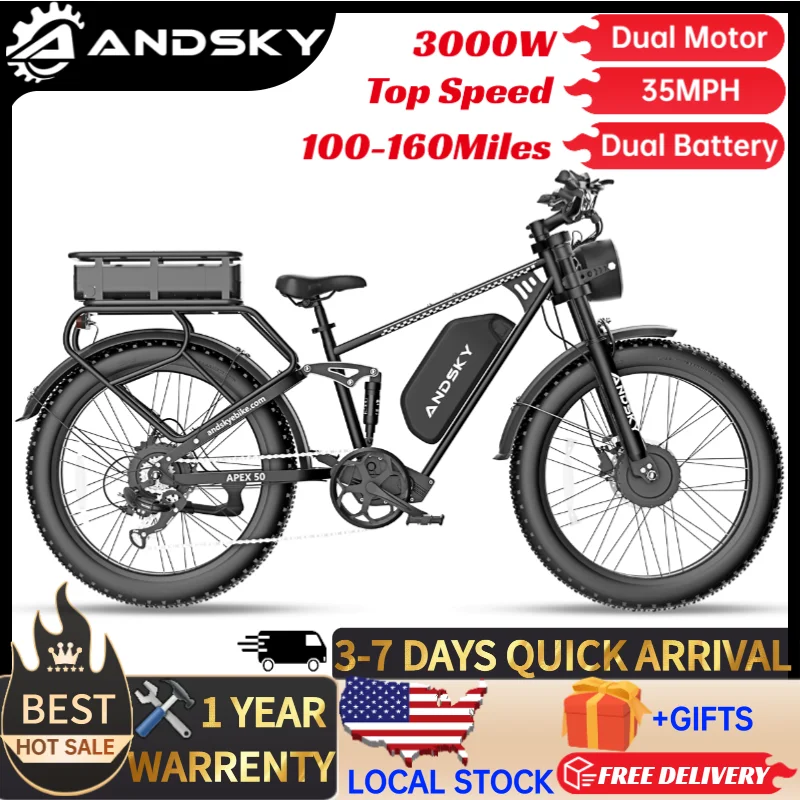 ANDSKY Apex50 AWD Dual Motor Electric Bike for Adults 35MPH All-Wheel Drive Electric Bicycle 52V/48V 25Ah+25Ah Removable Dual Battery 160Miles Super Long Range Full Suspension 26"x4" Fat Tire Off-Road E-Bike with 6-Piece Kit
ANDSKY Apex50 AWD Dual Motor Electric Bike for Adults 35MPH All-Wheel Drive Electric Bicycle 52V/48V 25Ah+25Ah Removable Dual Battery 160Miles Super Long Range Full Suspension 26"x4" Fat Tire Off-Road E-Bike with 6-Piece Kit