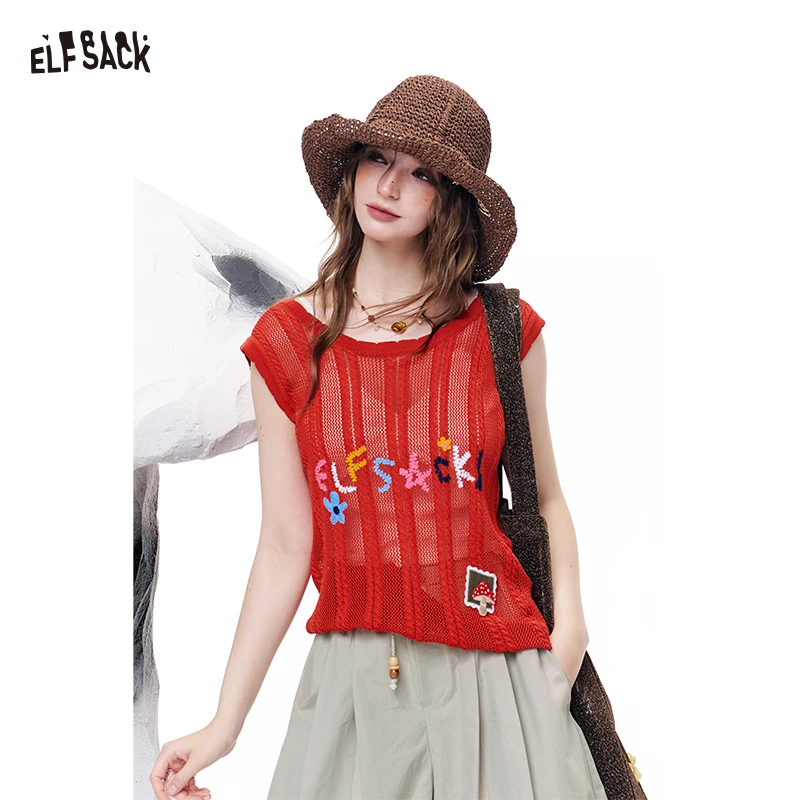 ELFSACK Women's Red Crochet Knit Tank Top with Colorful Logo Embroidery & Back Bow, Sleeveless Hollow Out Casual Summer Top
ELFSACK Women's Red Crochet Knit Tank Top with Colorful Logo Embroidery & Back Bow, Sleeveless Hollow Out Casual Summer Top