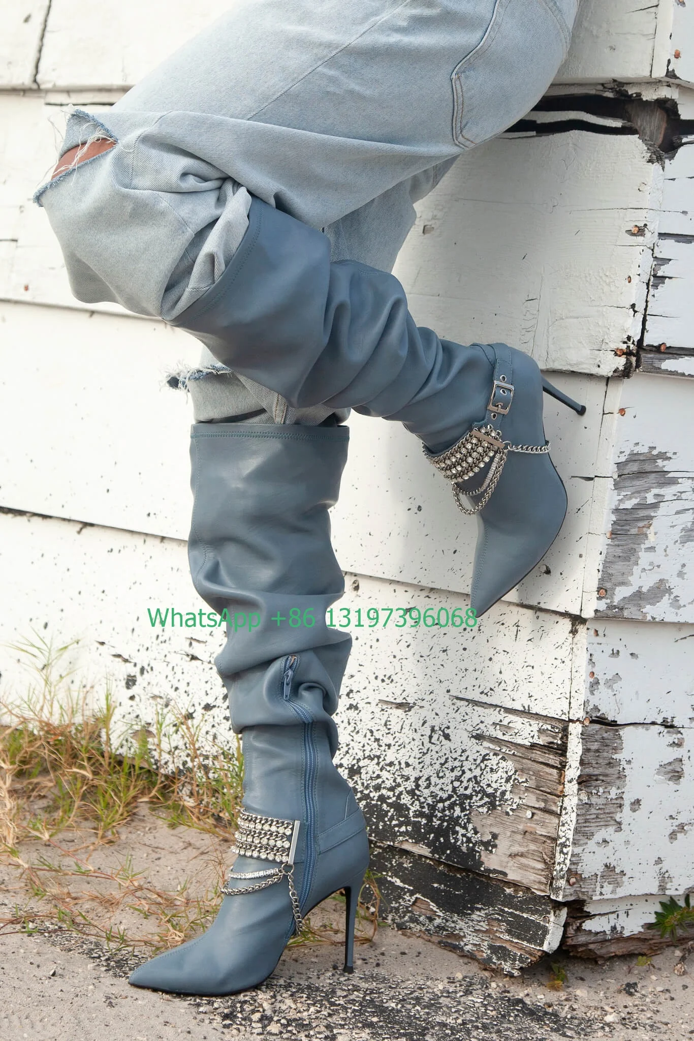 Lady blue pointed toe PU knee calf boots metal chain design boots stiletto heel side zip leather high heels footwear size 46
Lady blue pointed toe PU knee calf boots metal chain design boots stiletto heel side zip leather high heels footwear size 46
