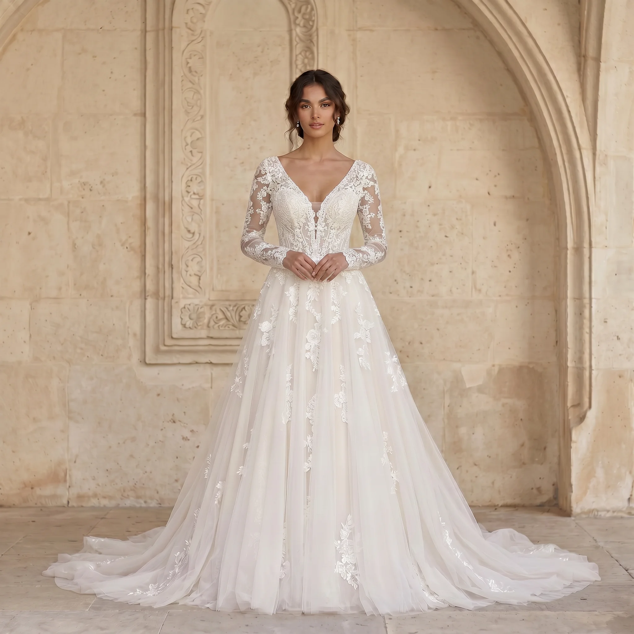 Deep V Long Sleeve A Line Wedding Dress Floral Lace Pearl Back Zipper Tulle Chapel Train Romantic Bridal Gown
Deep V Long Sleeve A Line Wedding Dress Floral Lace Pearl Back Zipper Tulle Chapel Train Romantic Bridal Gown