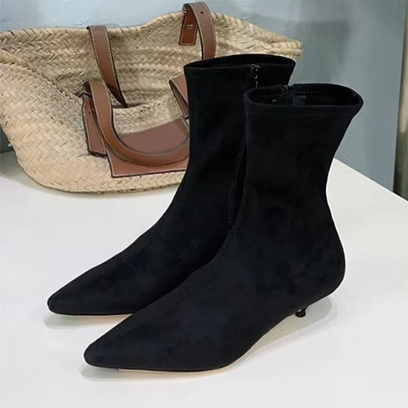 Sexy Pointed Toe Kitten Heels Short Boots For Women Modern High Heels Shoes Woman Black Brown Stretch Fabric Ankle Boots Woman
Sexy Pointed Toe Kitten Heels Short Boots For Women Modern High Heels Shoes Woman Black Brown Stretch Fabric Ankle Boots Woman