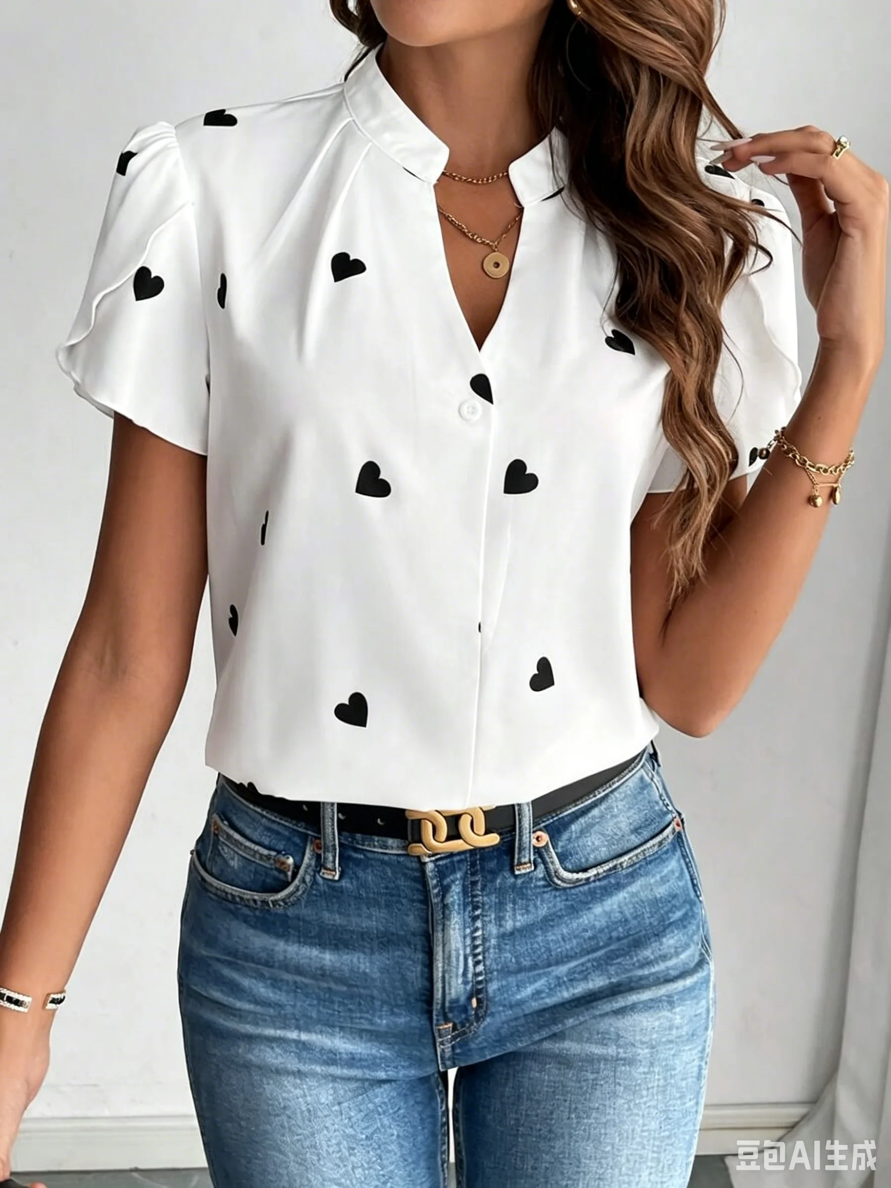 Women's heart-shaped printed shirt with fluffy sleeves, V-neck buttons, casual and elegant summer top, chic Y2K fashion shirt
Women's heart-shaped printed shirt with fluffy sleeves, V-neck buttons, casual and elegant summer top, chic Y2K fashion shirt