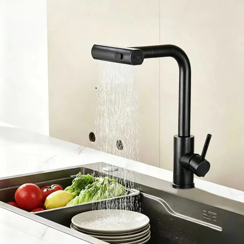 Black commercial kitchen faucet, single handle rotatable pull-out nozzle, waterfall countertop installation, 1 hole installation
Black commercial kitchen faucet, single handle rotatable pull-out nozzle, waterfall countertop installation, 1 hole installation