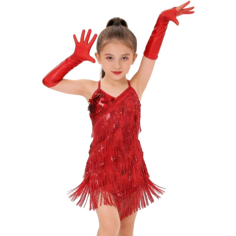 Kids Girls Latin Jazz Dance Dress Outfit Ballroom Dance Competition Practice Costumes Sparkly Sequins Tassel Dress with Gloves
Kids Girls Latin Jazz Dance Dress Outfit Ballroom Dance Competition Practice Costumes Sparkly Sequins Tassel Dress with Gloves