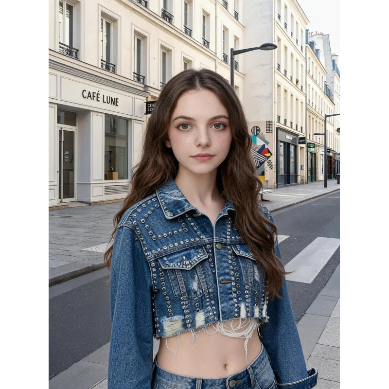 Women Heavy Duty Denim Jacket with Rivet Bead Embellishments Torn Distressed Design Trendy Casual Outerwear Spring Fall Fashion
Women Heavy Duty Denim Jacket with Rivet Bead Embellishments Torn Distressed Design Trendy Casual Outerwear Spring Fall Fashion