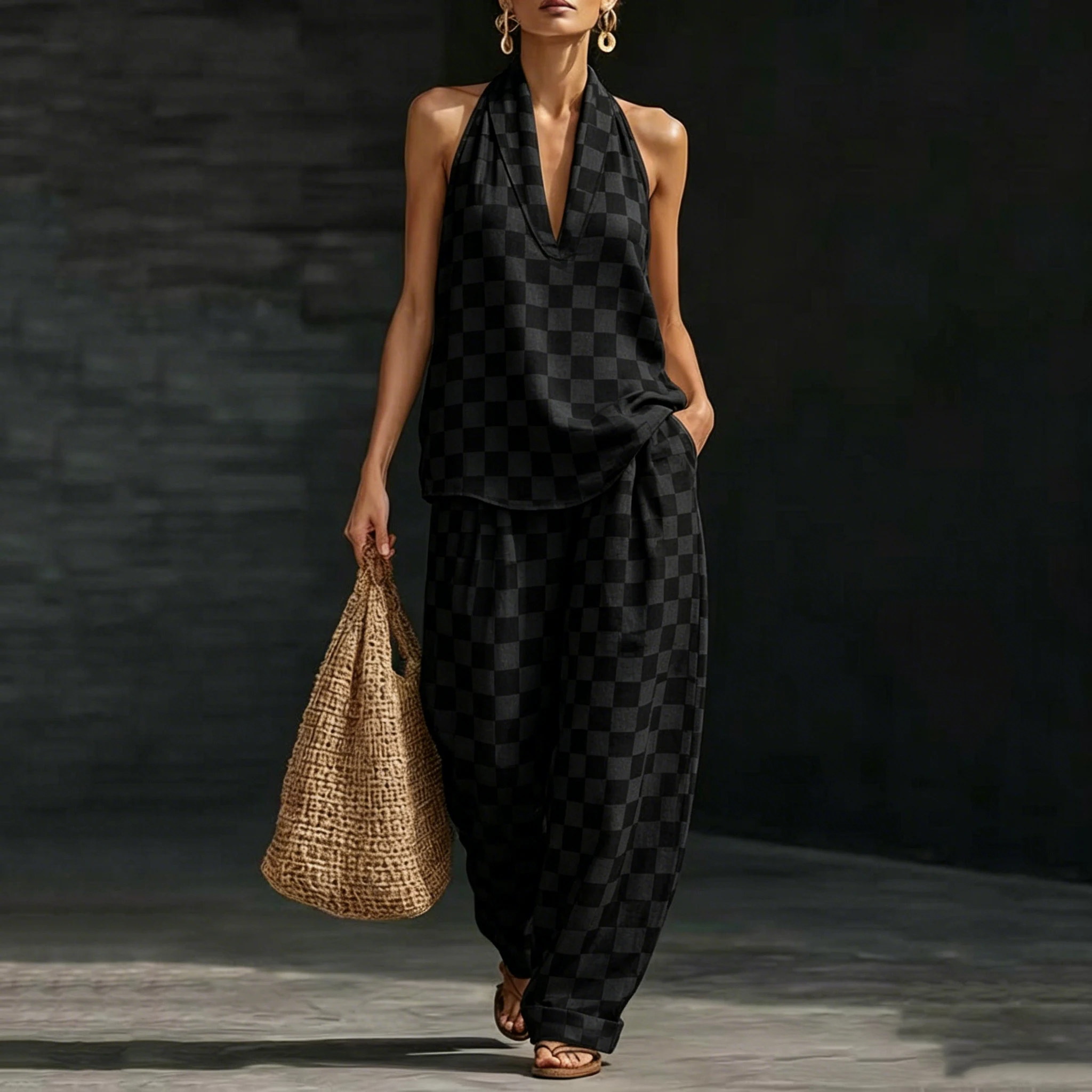 Black Checkerboard Print Women Two Piece Sets Outfits Summer Fashion Halter Neck Sleeveless V-Neck Tank Top & Wide Leg Pant
Black Checkerboard Print Women Two Piece Sets Outfits Summer Fashion Halter Neck Sleeveless V-Neck Tank Top & Wide Leg Pant