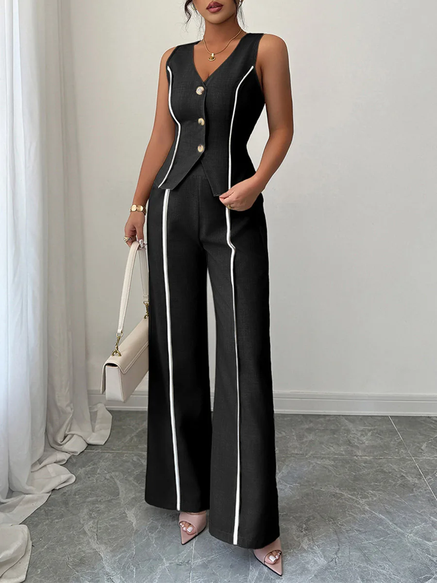 Onecozyday Women's Black White Contrast Trim Vest And Wide Leg Pants Two Piece Set Sleeveless V Neck Button Casual Pant Sets
Onecozyday Women's Black White Contrast Trim Vest And Wide Leg Pants Two Piece Set Sleeveless V Neck Button Casual Pant Sets