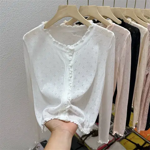 Korean Style Cute Hollow Out Thin Knit Cardigan Women Summer Black White Beige Pink Cardigan Long Sleeve Slim Short Button Top