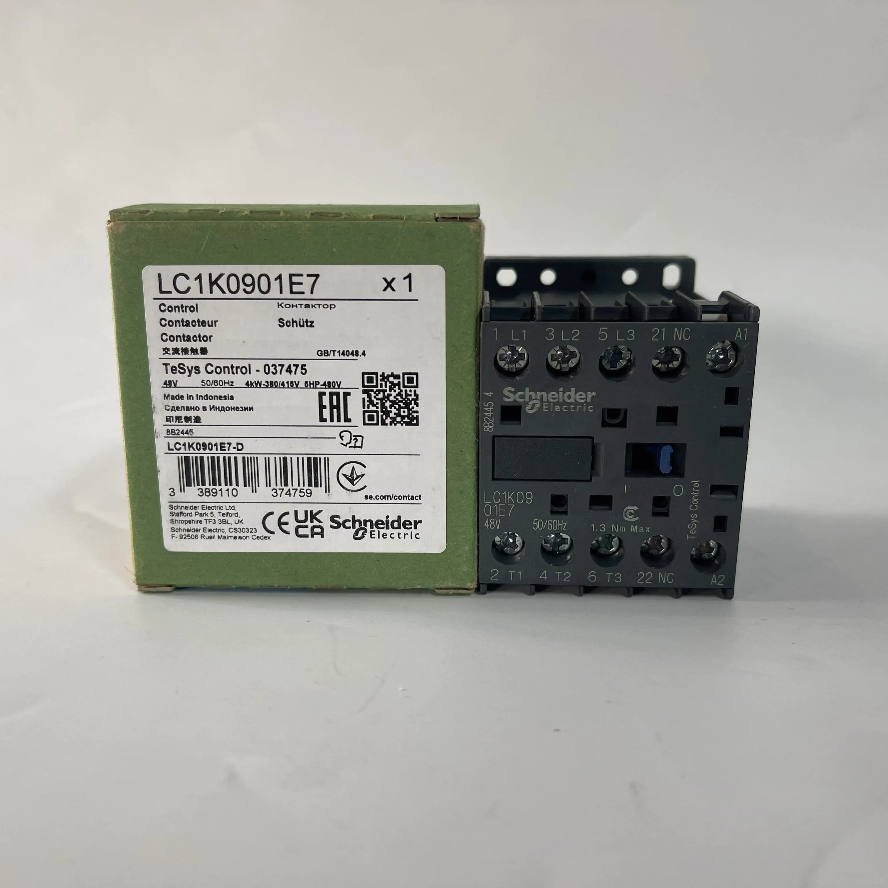 LC1K0901E7 LC7K0901E7 TeSys K contactor - 3P - AC-3 = 440 V 9 A - 1 NC aux. - 48 V AC coil
LC1K0901E7 LC7K0901E7 TeSys K contactor - 3P - AC-3 = 440 V 9 A - 1 NC aux. - 48 V AC coil