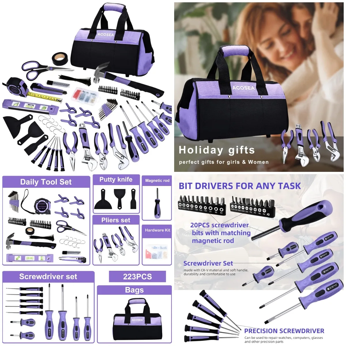 Purple 223-Piece Tool Set for Women, Basic Home Maintenance Kit with 13' Open-End Bag
Purple 223-Piece Tool Set for Women, Basic Home Maintenance Kit with 13' Open-End Bag