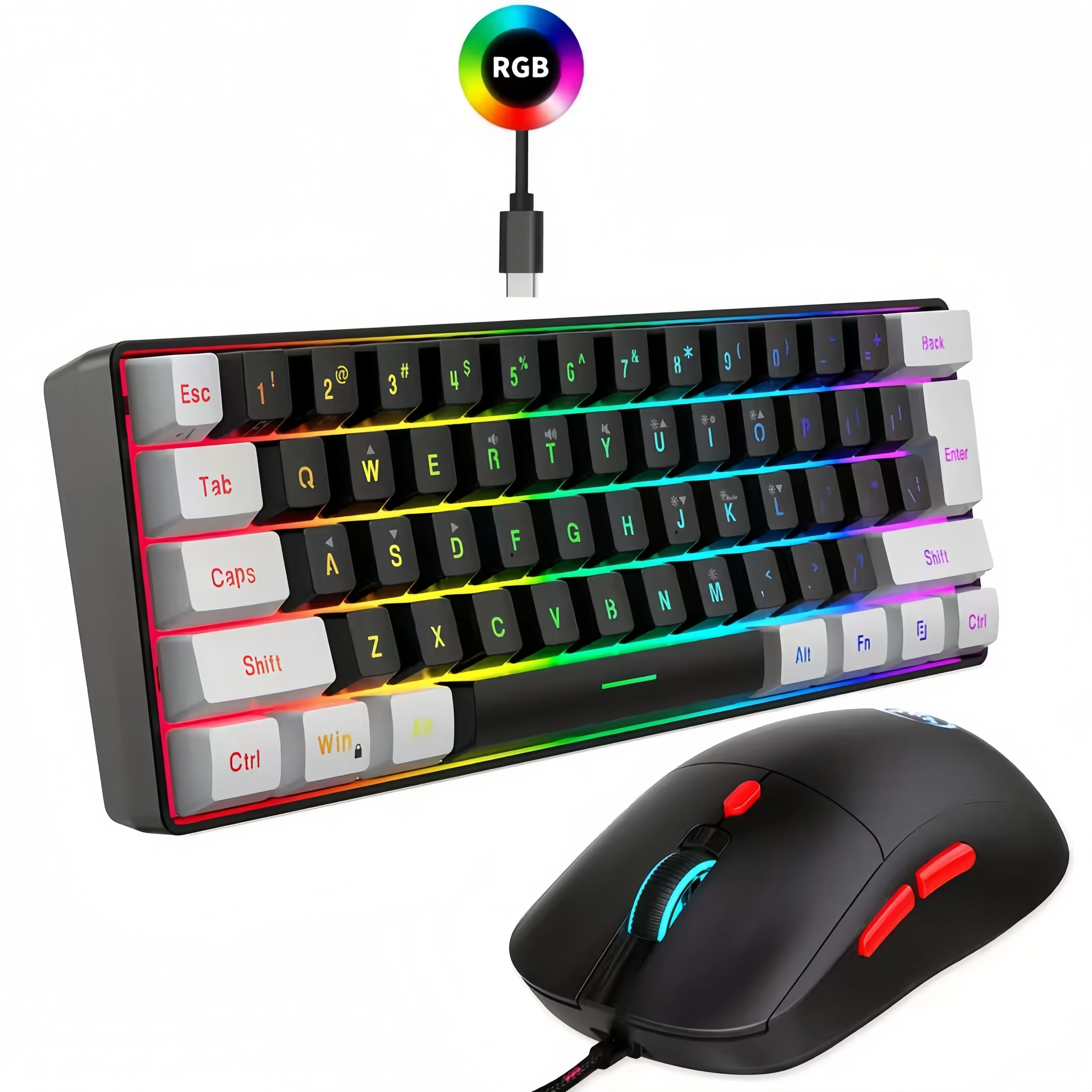 60% сверхкомпактная проводная игровая/офисная клавиатура и мышь RGB (эрономичная, USB)