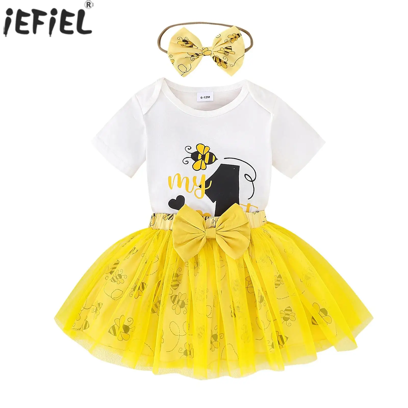 Baby Girls 1st Birthday Outfit Cute Bee Printed Romper with Bowknot Mesh Tutu Skirt Headband for Baby Shower Party Photography 
Baby Girls 1st Birthday Outfit Cute Bee Printed Romper with Bowknot Mesh Tutu Skirt Headband for Baby Shower Party Photography