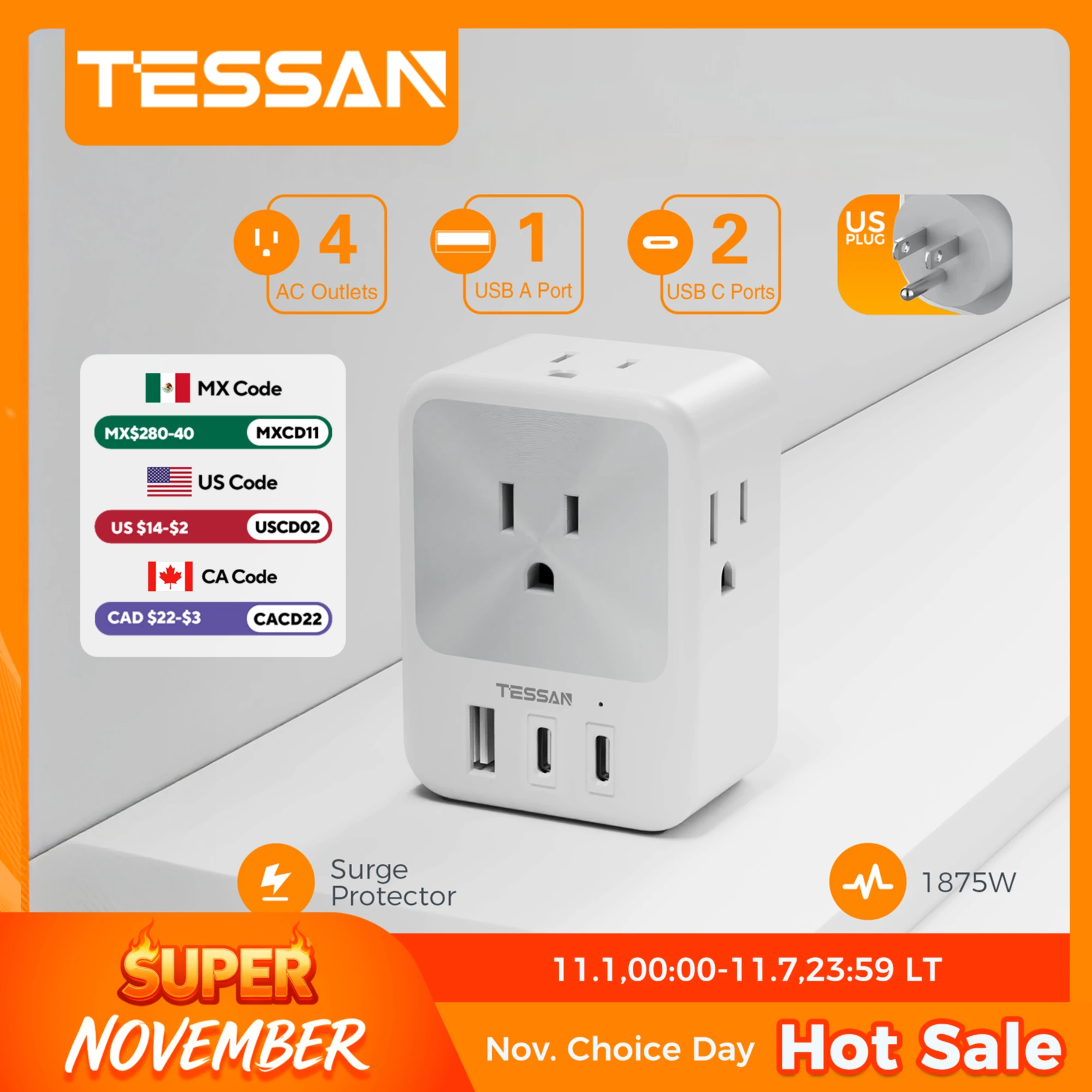 TESSAN US Plug Power Strip with 4AC Outlet and 3USB Charging Port Multi-Contacts Electrical Socket with Surge Protector for Home
TESSAN US Plug Power Strip with 4AC Outlet and 3USB Charging Port Multi-Contacts Electrical Socket with Surge Protector for Home