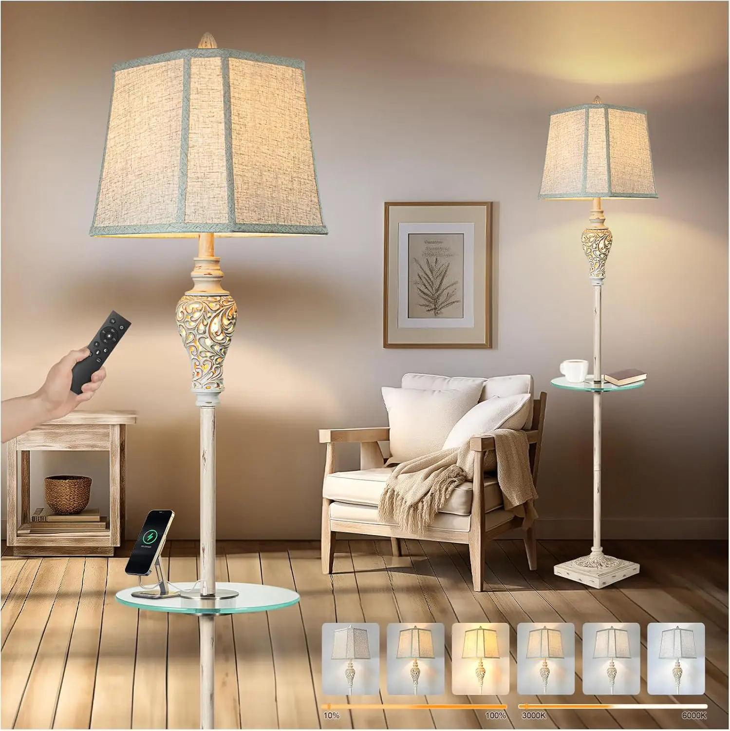 Rustic Floor Lamp with Glass Tray, Stepless Dimming, Remote Control, USB A&C Charging, Smart Bulbs Included
Rustic Floor Lamp with Glass Tray, Stepless Dimming, Remote Control, USB A&C Charging, Smart Bulbs Included