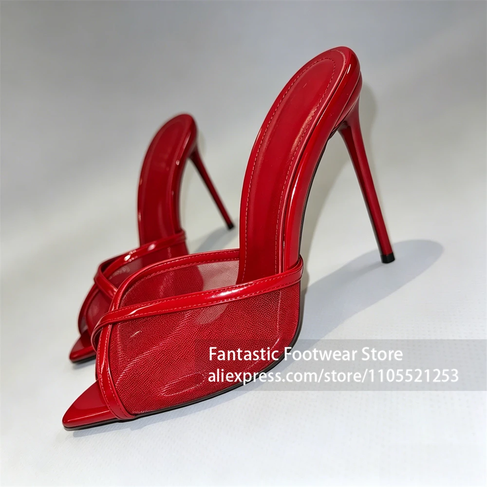 Sheer Mesh Patent Trim Mules Pointed Open Toe Stiletto Heel Slippers Slip on Backless Summer Sandals Designer High Heeled Mules
Sheer Mesh Patent Trim Mules Pointed Open Toe Stiletto Heel Slippers Slip on Backless Summer Sandals Designer High Heeled Mules