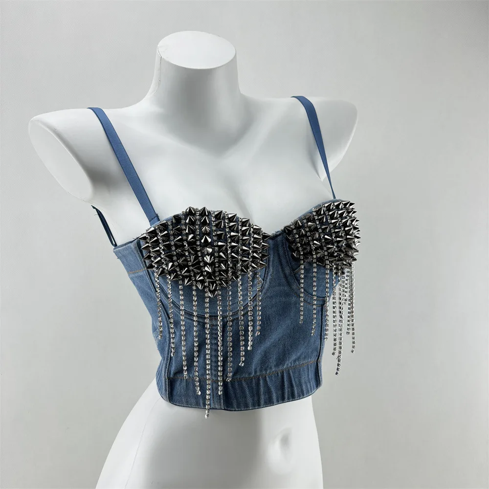 Nightclub Sexy American Denim Bra Outer Wear Underwear One-Piece Fixed Cup Beauty Back Tube Top with Beaded Tassel Sling 
Nightclub Sexy American Denim Bra Outer Wear Underwear One-Piece Fixed Cup Beauty Back Tube Top with Beaded Tassel Sling