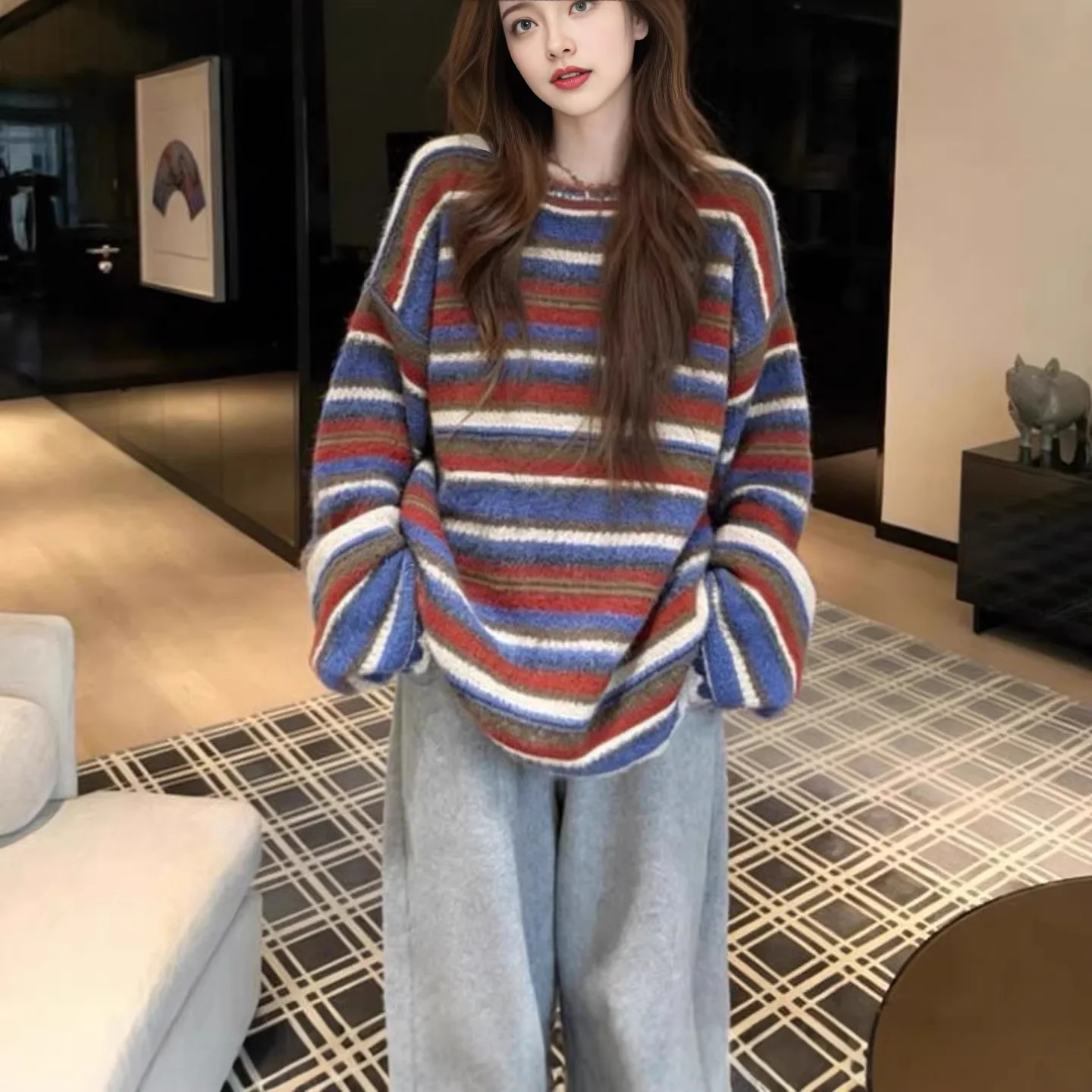 SuperAen Korean-style Retro Sweet Multi Striped Sweater for Women New Autumn and Winter Loose Thick Long-sleeved Knitted Sweater
SuperAen Korean-style Retro Sweet Multi Striped Sweater for Women New Autumn and Winter Loose Thick Long-sleeved Knitted Sweater