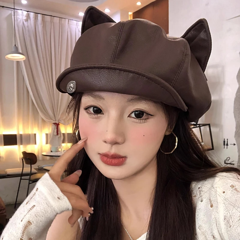 Cute Cartoon Cat Ears PU Leather Berets Cap for Women Spring and Autumn Casual Versatile Niche Literary Cloud Painter Hats
Cute Cartoon Cat Ears PU Leather Berets Cap for Women Spring and Autumn Casual Versatile Niche Literary Cloud Painter Hats