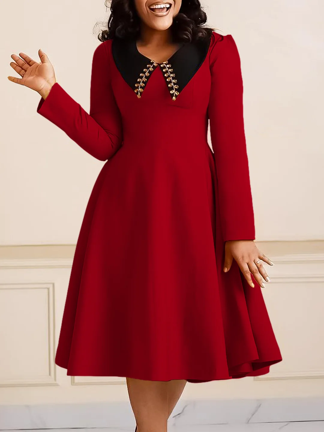 Fashion solid color new women's long-sleeved lapel elegant slim swing casual dress
Fashion solid color new women's long-sleeved lapel elegant slim swing casual dress