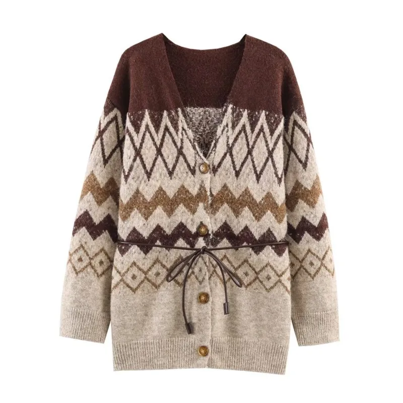 NERHEFZ жаккардовый вязаный кардиган, осенне-зимний модный свободный свитер с v-образным вырезом и поясом, элегантные повседневные женские топы
NERHEFZ жаккардовый вязаный кардиган, осенне-зимний модный свободный свитер с v-образным вырезом и поясом, элегантные повседневные женские топы