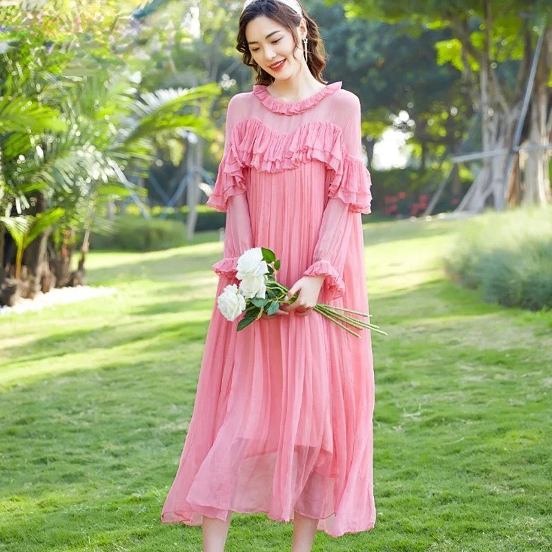Summer Dress Women Clothes High-end 2024 New Pleated Pink Dress 100% Real Mulberry Silk Dress Elegant Long Dresses For Women Zm
Summer Dress Women Clothes High-end 2024 New Pleated Pink Dress 100% Real Mulberry Silk Dress Elegant Long Dresses For Women Zm