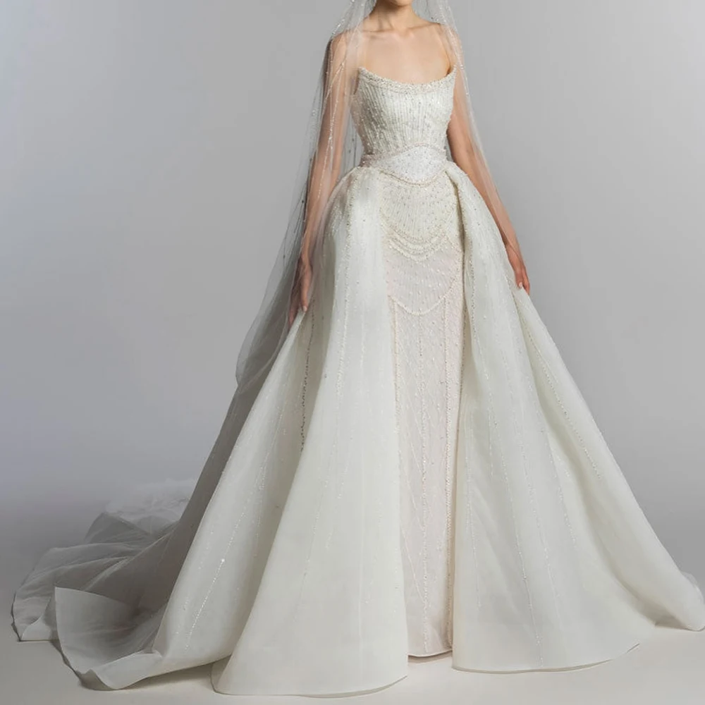 Customized Exquisite Organza Straight Pearls Evening Dress Strapless Floor Length Sleeveless Panel Train Vestidos para mujer
Customized Exquisite Organza Straight Pearls Evening Dress Strapless Floor Length Sleeveless Panel Train Vestidos para mujer