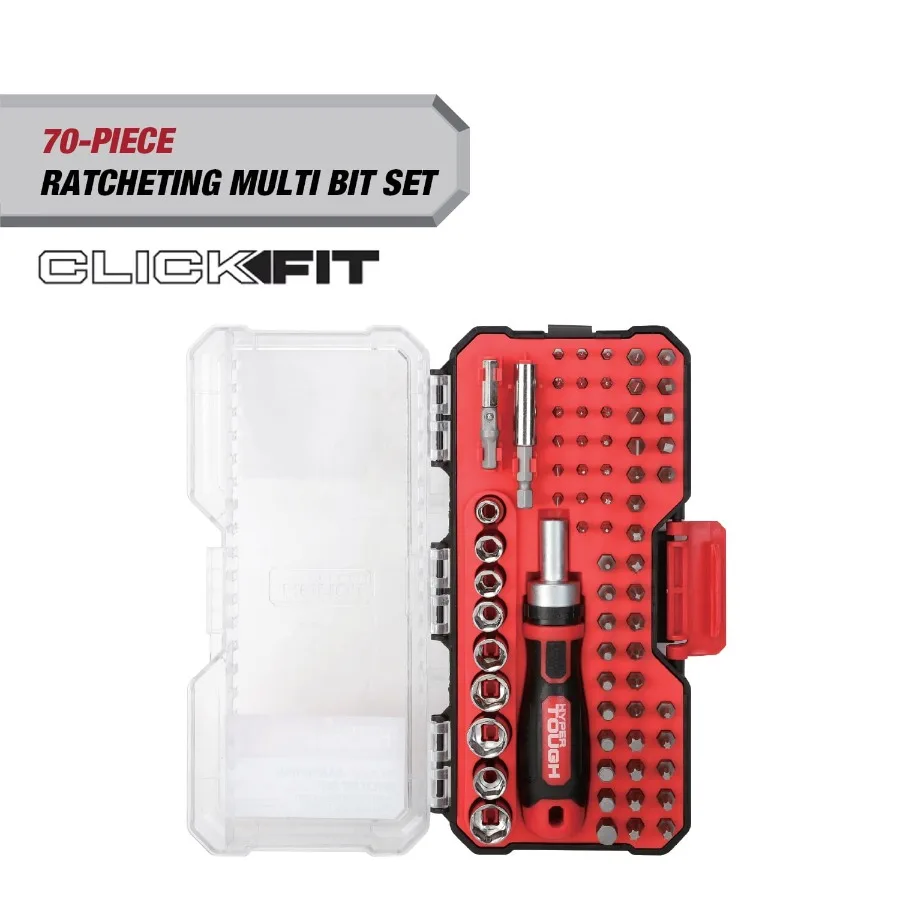 70-Piece Ratcheting Handle Set with Precision Bits and Sockets in Compact Click-Fit Case for Home Repair, Auto Maintenance, and