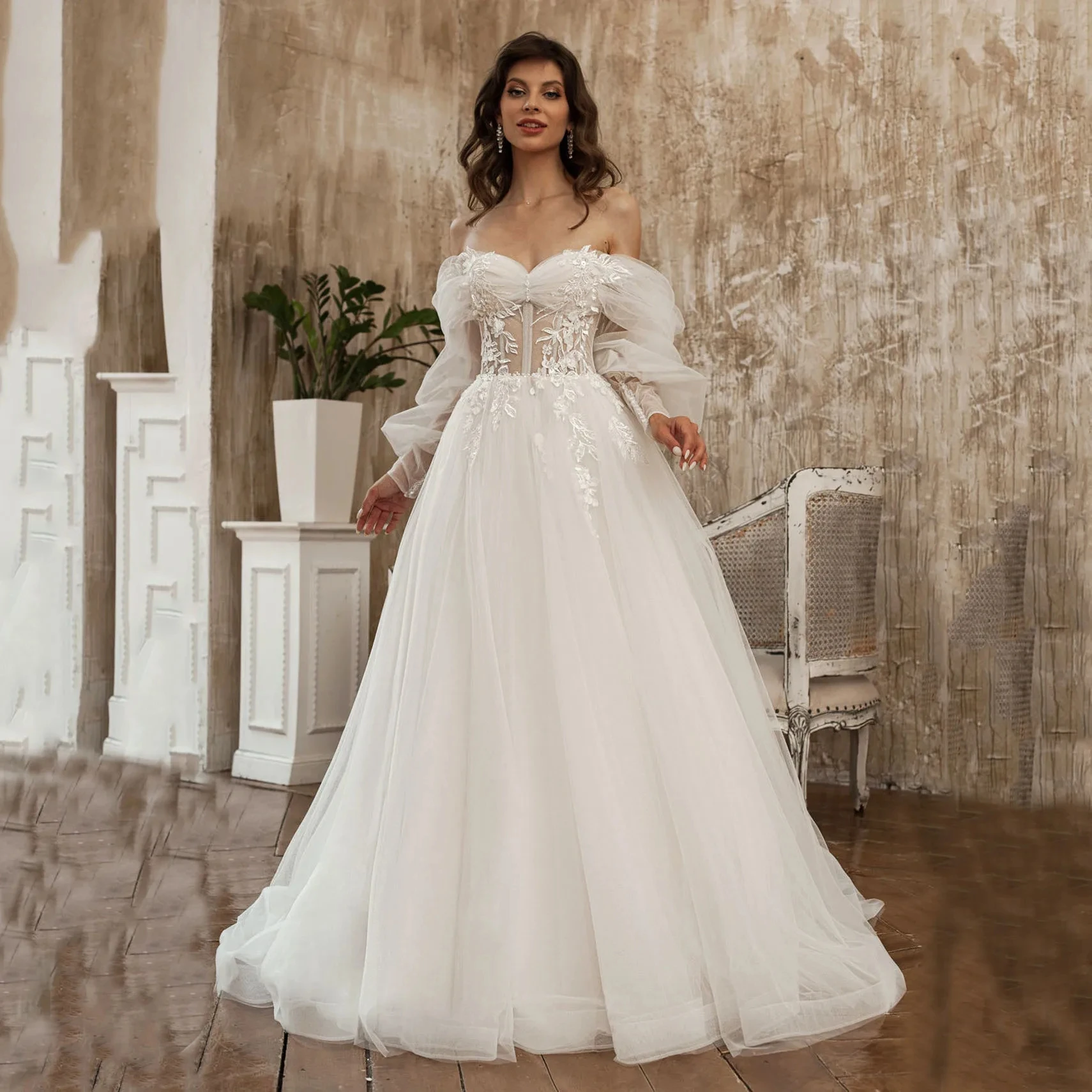 Backless A-Line Wedding Dresses Tulle Bridal Robes Off The Shoulder Exquisite Robes Lace Appliques For Brides Vestidos De Novia
Backless A-Line Wedding Dresses Tulle Bridal Robes Off The Shoulder Exquisite Robes Lace Appliques For Brides Vestidos De Novia