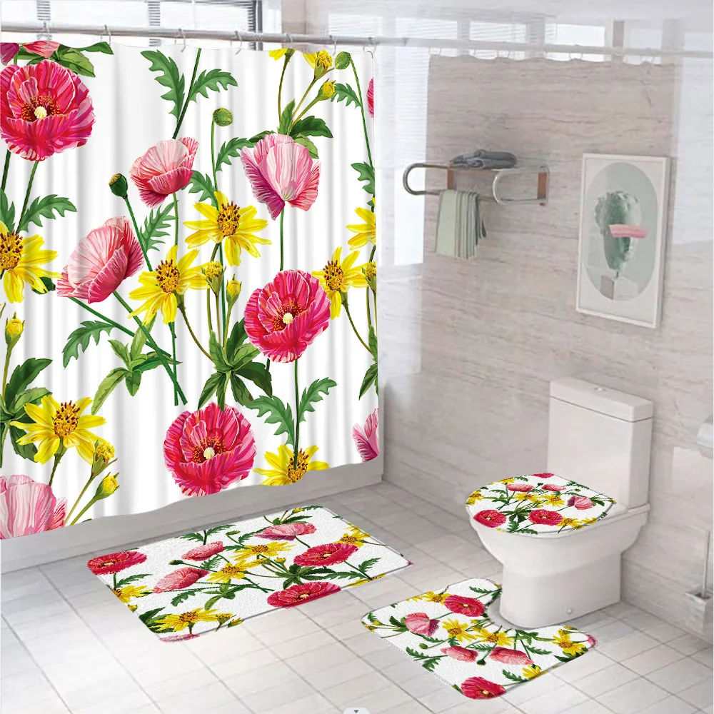 Floral Shower Curtain Sets Red Poppy Flower Green Leaves Plant Bathroom Curtains Non-Slip Bath Mat Pedestal Rug Lid Toilet Cover
Floral Shower Curtain Sets Red Poppy Flower Green Leaves Plant Bathroom Curtains Non-Slip Bath Mat Pedestal Rug Lid Toilet Cover