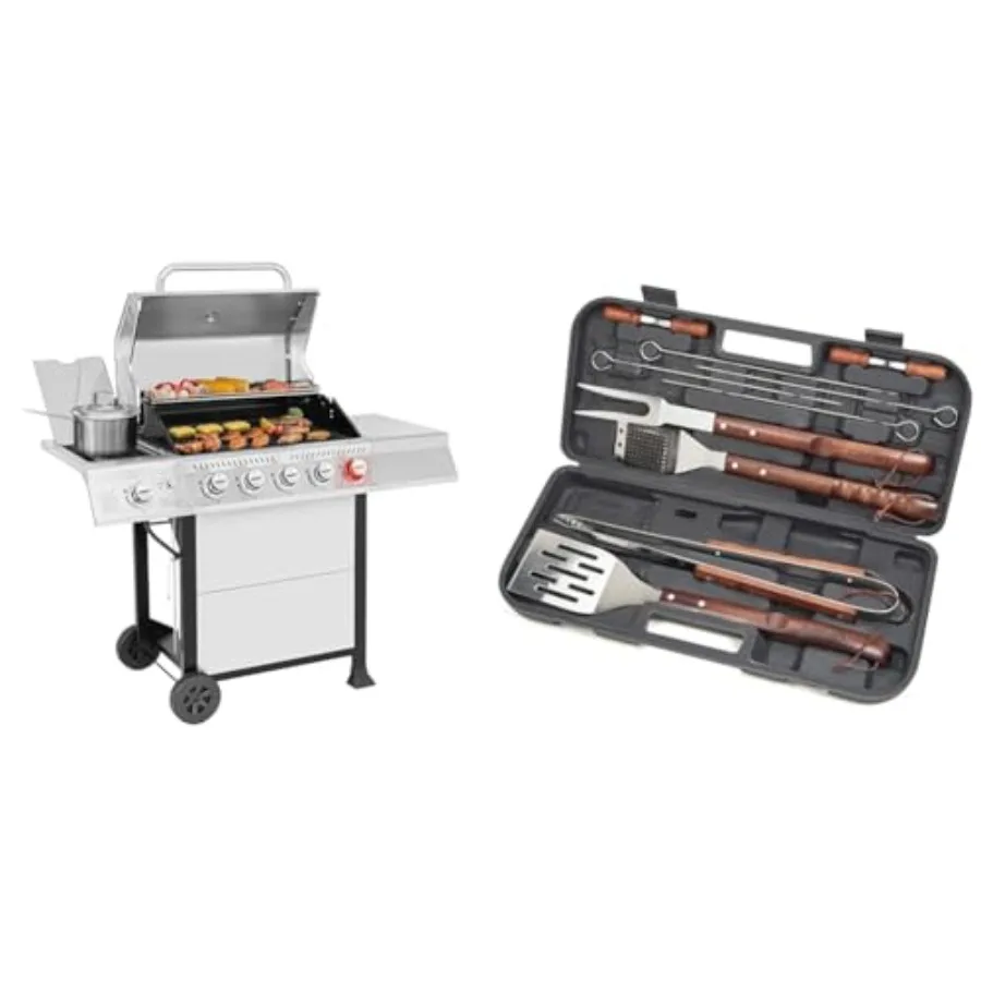 5-Burner Propane BBQ Grill with Sear Burner and Side Burner in Black Stainless Steel with Wooden Handle Tool Set 13-Piece
5-Burner Propane BBQ Grill with Sear Burner and Side Burner in Black Stainless Steel with Wooden Handle Tool Set 13-Piece