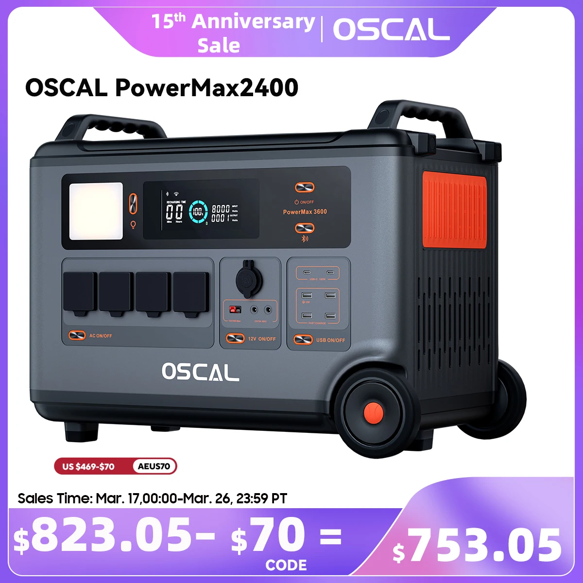 OSCAL PowerMax 2400 Portable Power Station 2400W Solar Generator, 1872Wh LiFePO4 Battery,With HD Stereo Speakers for Outdoor Cam
OSCAL PowerMax 2400 Portable Power Station 2400W Solar Generator, 1872Wh LiFePO4 Battery,With HD Stereo Speakers for Outdoor Cam