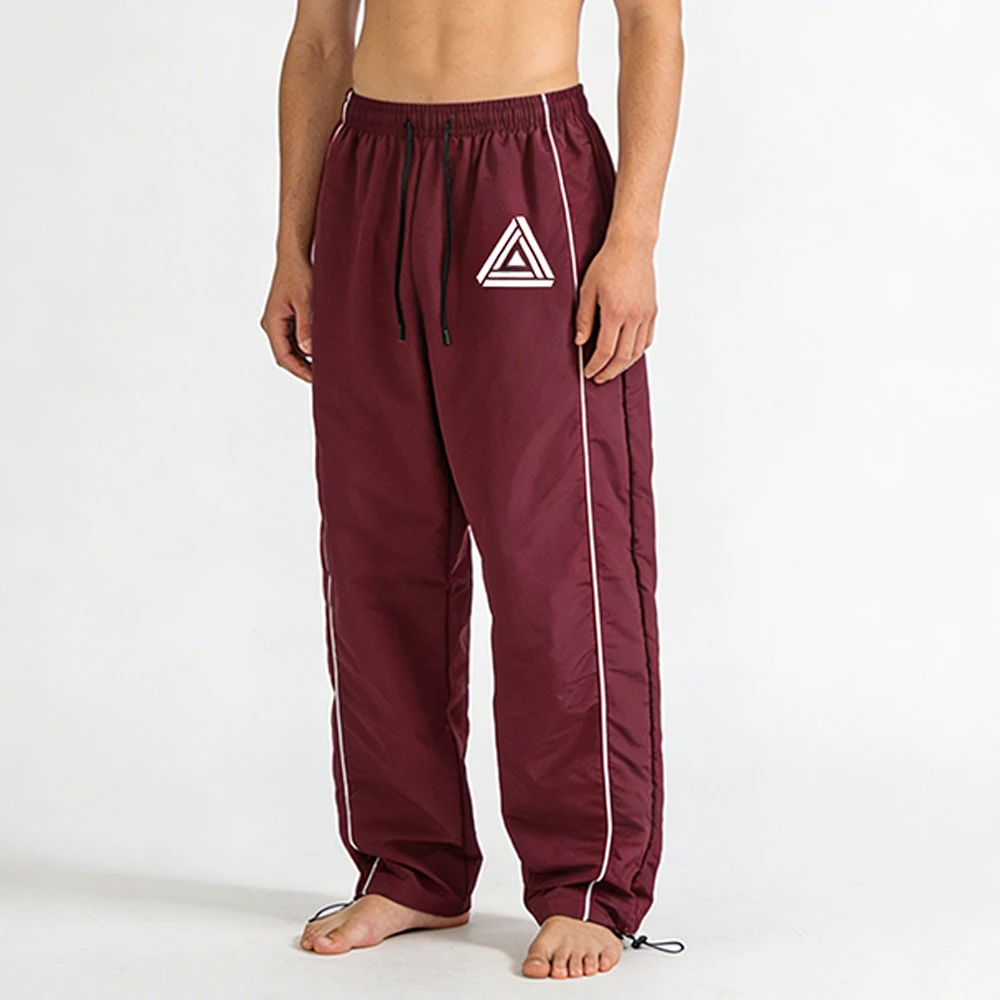Men's Wine Red Nylon Track Pants with Side Piping, Streetwear Loose Straight Leg Windbreaker Trousers with Triangle Embroidery
Men's Wine Red Nylon Track Pants with Side Piping, Streetwear Loose Straight Leg Windbreaker Trousers with Triangle Embroidery