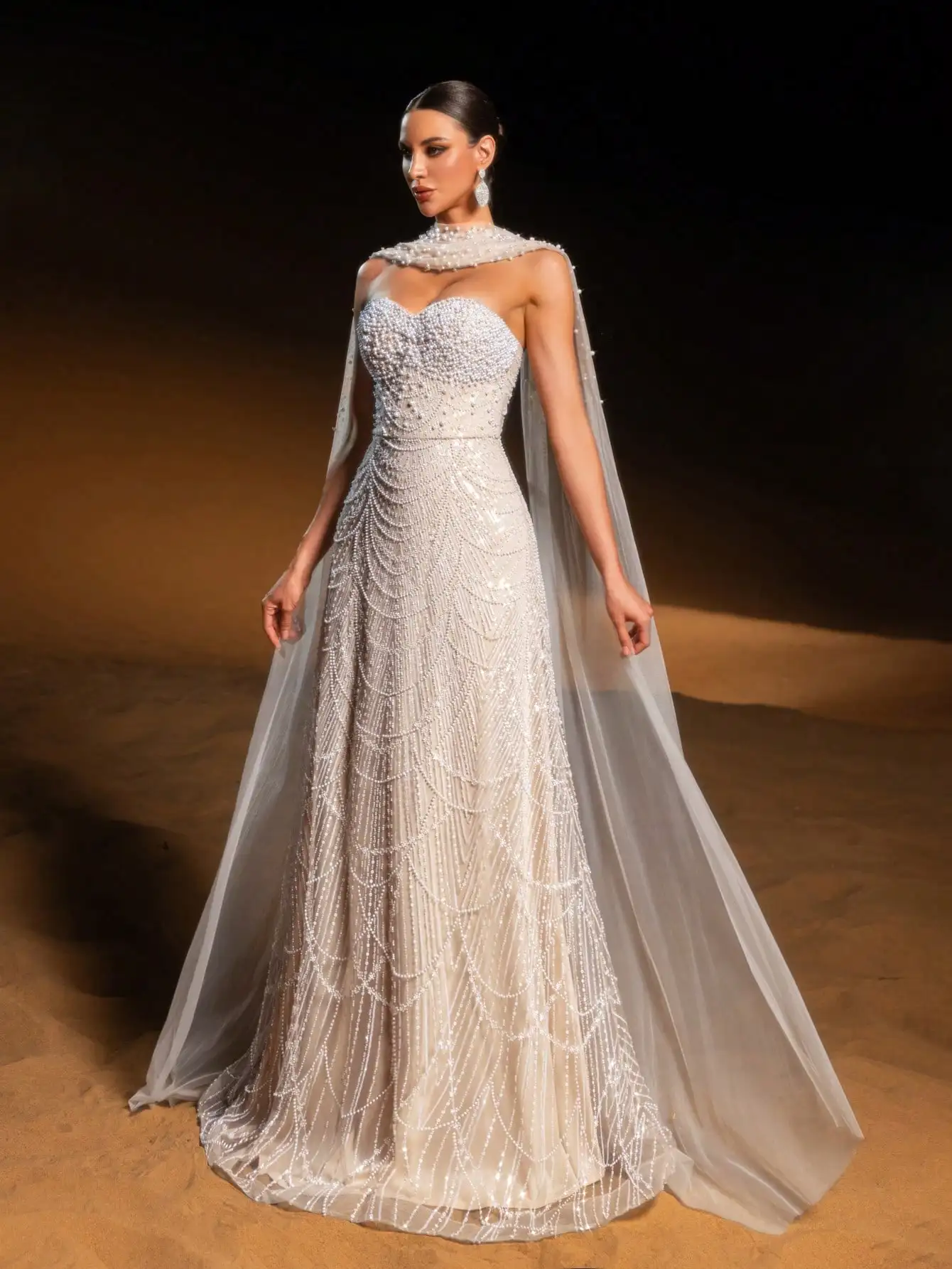 Elegant Beaded Mermaid Evening Gown with Sheer Tulle Shawl, Fish-Scale Embellishment for Galas & Weddings
Elegant Beaded Mermaid Evening Gown with Sheer Tulle Shawl, Fish-Scale Embellishment for Galas & Weddings