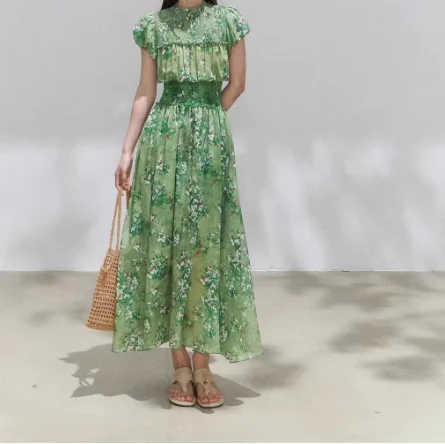 Spring Summer Green Floral Print Elastic Waist Dress Elegant Style A-Line Skirt Short Sleeve round Neck Casual Leisure Dress
Spring Summer Green Floral Print Elastic Waist Dress Elegant Style A-Line Skirt Short Sleeve round Neck Casual Leisure Dress