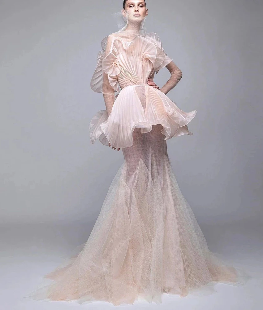 MCDV Customized Sexy Tulle Mermaid Ruffles Evening Dress High Quality High Collar Long Sleeves Floor Length prom dresses
MCDV Customized Sexy Tulle Mermaid Ruffles Evening Dress High Quality High Collar Long Sleeves Floor Length prom dresses