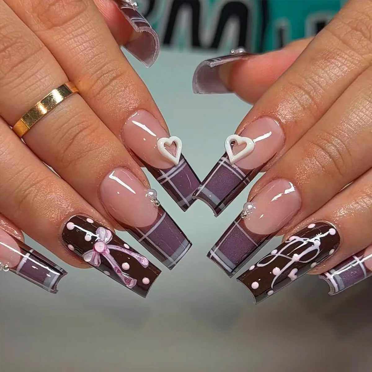 24PCS Long Square Press on Nails Brown Purple Plaid Heart Bow Pearl False Nails Sweet Y2K Style Reusable for Cool Girls Nail Art
24PCS Long Square Press on Nails Brown Purple Plaid Heart Bow Pearl False Nails Sweet Y2K Style Reusable for Cool Girls Nail Art