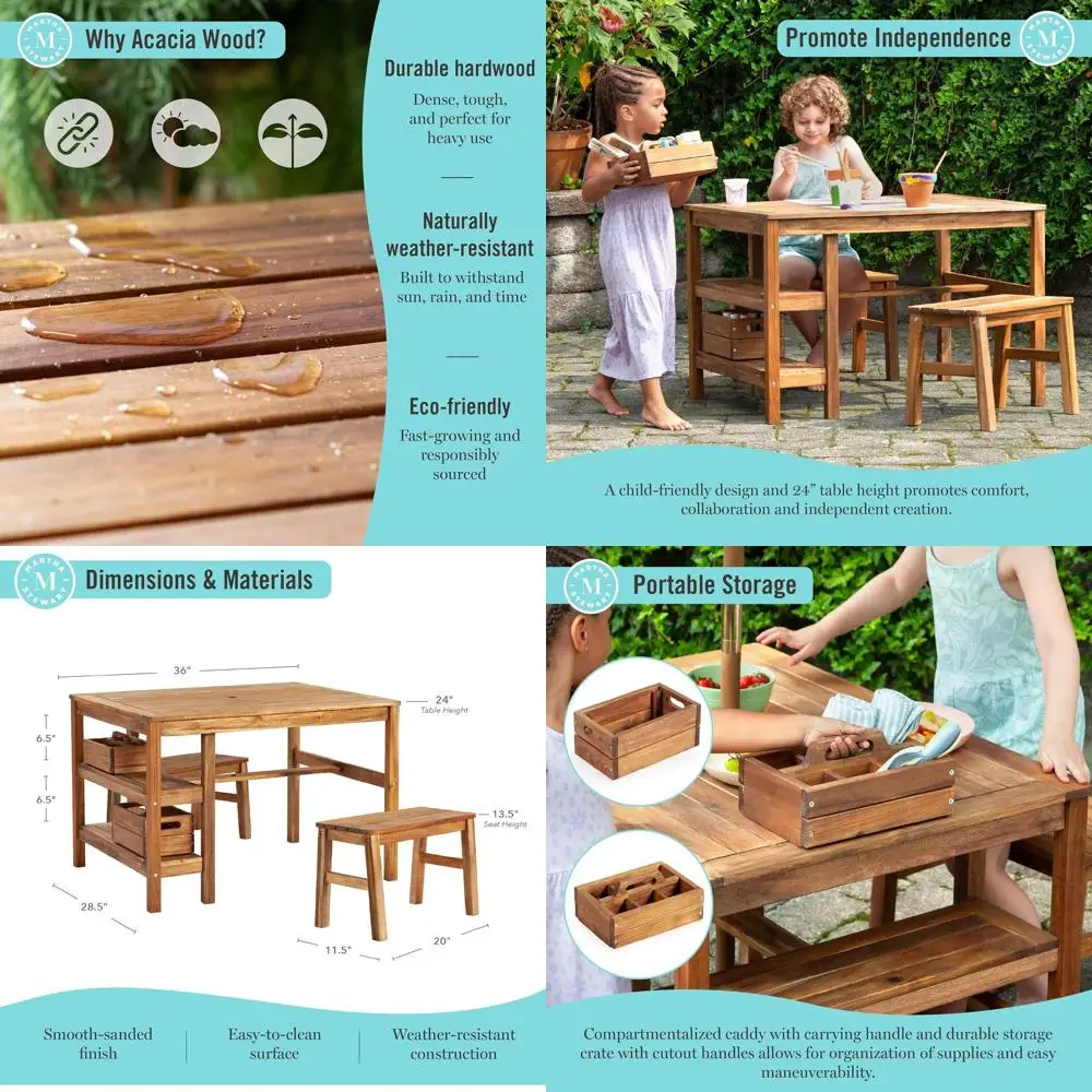 Kids Outdoor Crat Table and 2 Bench Set: Acacia Wood Activity Desk w/Crate, Caddy, and Storage Shelves | Kids Play & Picnic Tabl
Kids Outdoor Crat Table and 2 Bench Set: Acacia Wood Activity Desk w/Crate, Caddy, and Storage Shelves | Kids Play & Picnic Tabl