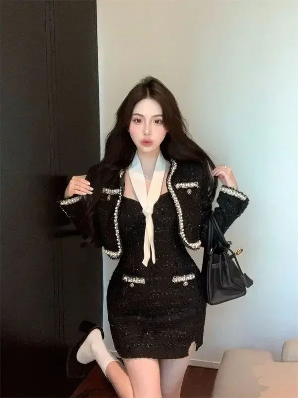 French Elegant Autumn New Women Two Piece Sets Luxury Long Sleeve Short Jacket + Sexy Slim Waist Mini Slip Dresses Outfits
French Elegant Autumn New Women Two Piece Sets Luxury Long Sleeve Short Jacket + Sexy Slim Waist Mini Slip Dresses Outfits