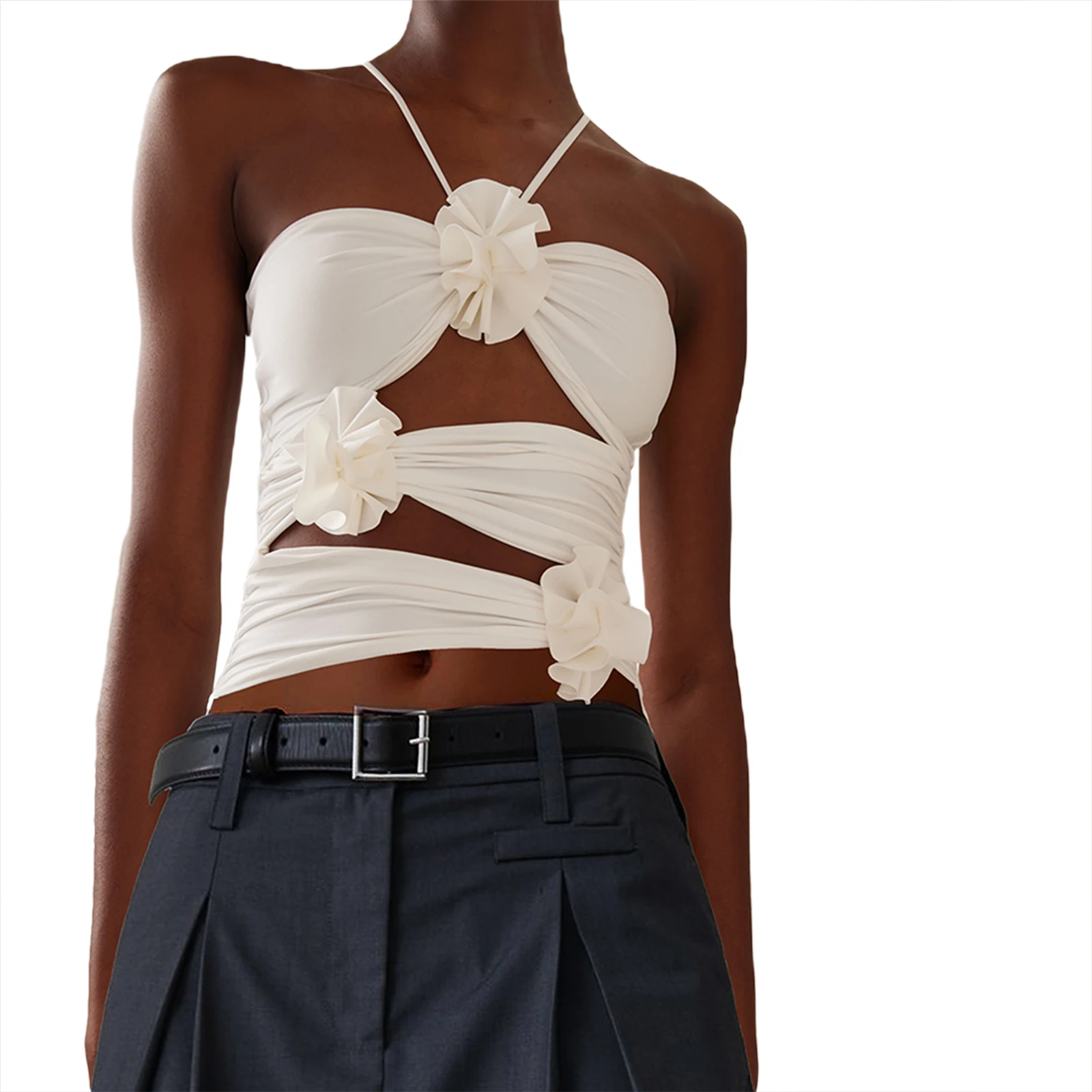 Женский укороченный топ Y2k с 3D цветочным вырезом, с лямкой на шее, без рукавов, с открытой спиной, с рюшами, летний топ на выход, уличная одежда 
Женский укороченный топ Y2k с 3D цветочным вырезом, с лямкой на шее, без рукавов, с открытой спиной, с рюшами, летний топ на выход, уличная одежда