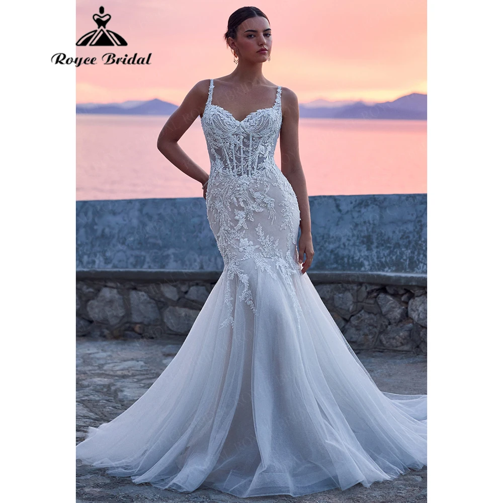 Roycebridal Sweetheart Neck Lace Applique Tulle Mermaid Wedding Dress Spaghetti Strap Beaded Beach Dresses Customized Vestidos
Roycebridal Sweetheart Neck Lace Applique Tulle Mermaid Wedding Dress Spaghetti Strap Beaded Beach Dresses Customized Vestidos