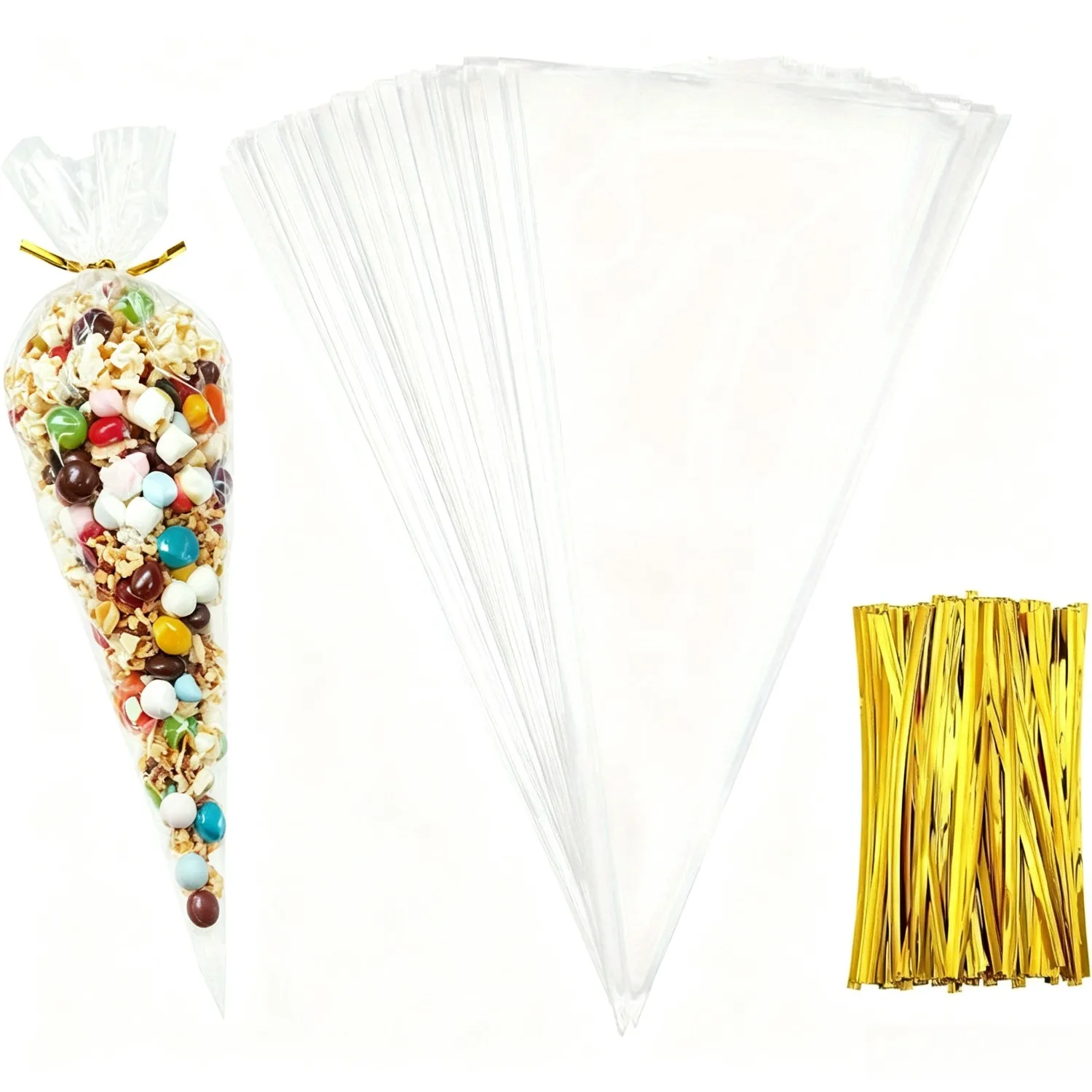 150 Pack 7x12 Inch Cone Shaped Clear Cellophane Treat Bags, Transparent Medium Cello Bags with Gold Twist Ties for Party Favors, Candy and Snacks
150 Pack 7x12 Inch Cone Shaped Clear Cellophane Treat Bags, Transparent Medium Cello Bags with Gold Twist Ties for Party Favors, Candy and Snacks
