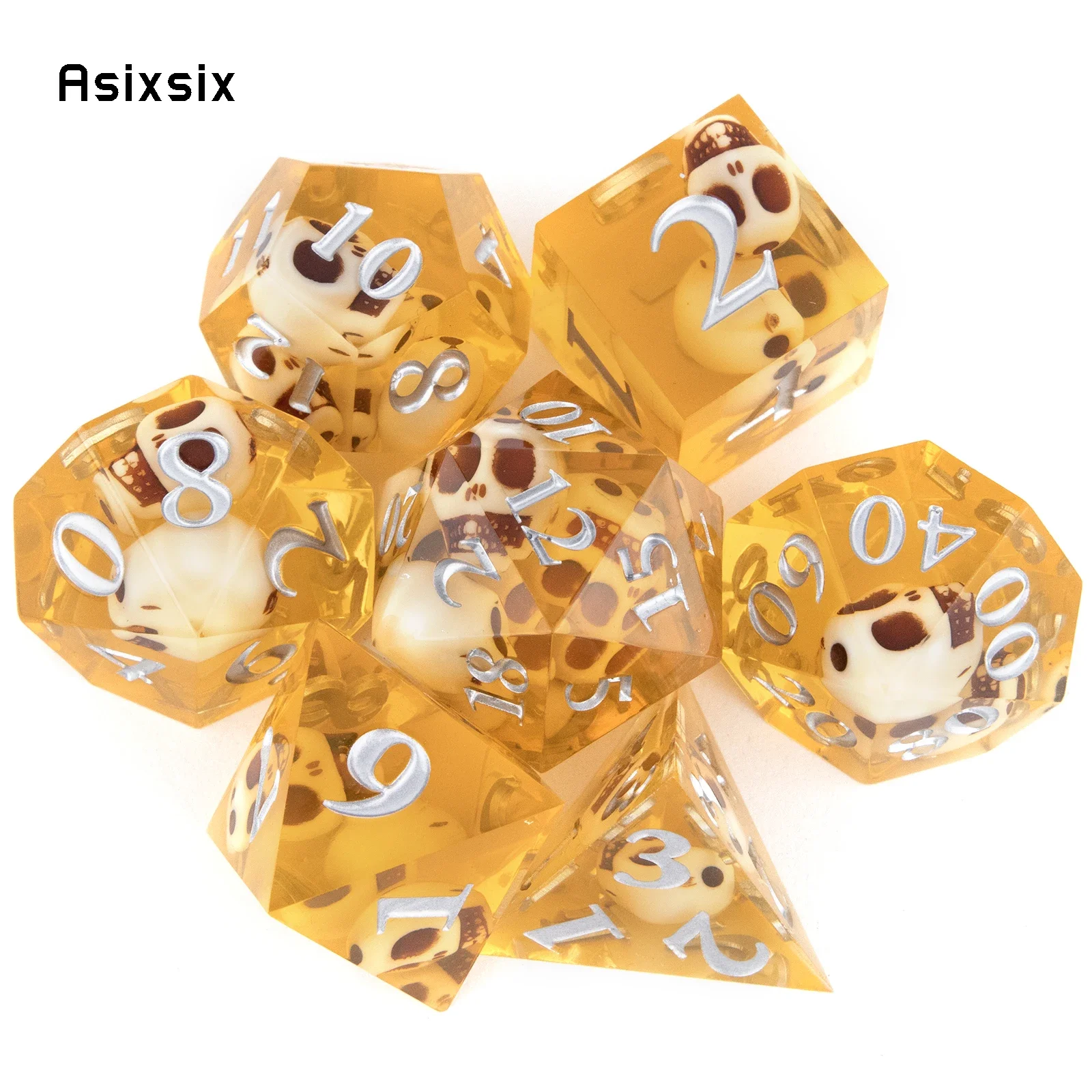 7 Pcs Yellow Skull Resin White Number Sharp Edge Dice Polyhedral Dice Suitable for Role-Playing RPG Board Game Card Game
7 Pcs Yellow Skull Resin White Number Sharp Edge Dice Polyhedral Dice Suitable for Role-Playing RPG Board Game Card Game